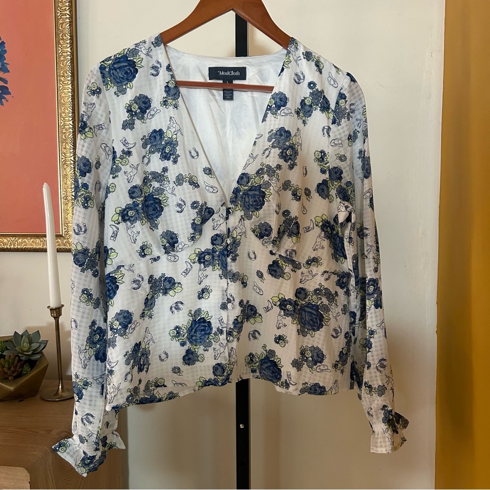 ModCloth Rodeo Rose Button Front Top Floral Western Horse Print White Blue Sz L